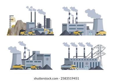 Coal power plant industrial vector collection. Fully editable illustration, ideal for infographics  designs