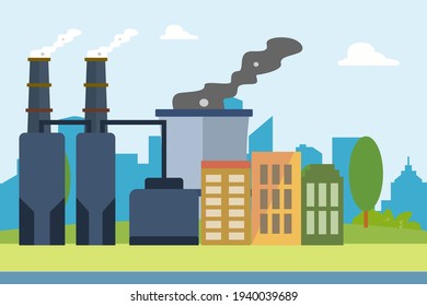 Coal power plant with smoke and modern city background. Coal Energy vector concept