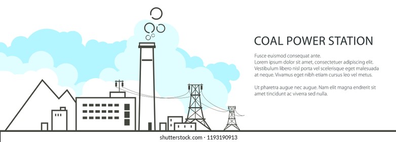 Coal Power Station Banner, Complex Industrial Facilities with the Power Line and Mine, Coal Industry, Vector Illustration