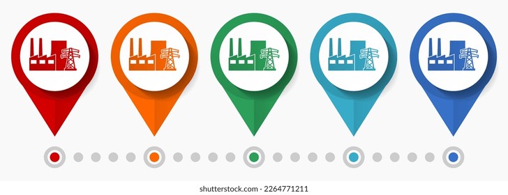 Konzept des Kohlekraftwerks: Vektorsymbol-Set, Flachdesign-Industriezeiger, Infografik-Vorlage leicht zu bearbeiten