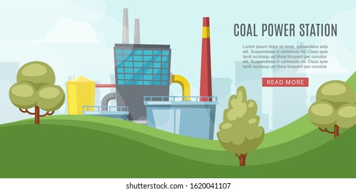 Coal power station, energy industry with towel, reactors, power lines vector illustration web banner. Coal energy generation related facilities web site.