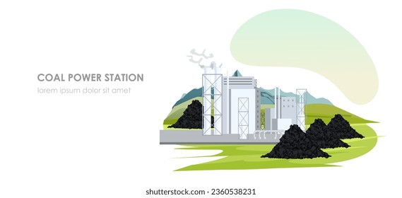 Coal power station at field, energy production, ecological pollution, industrial factory, ecological fuel, electric building, manufacturing technology. Mountain in background. Vector illustration