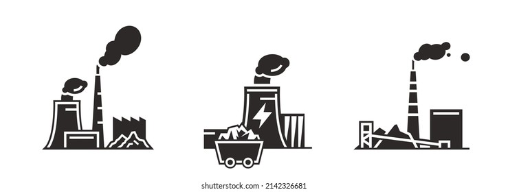 Coal power station icon. Energy source. Ecology, nature pollution, old technology concept. Editable vector illustration in modern flat style isolated on a white background. Powerstations collection