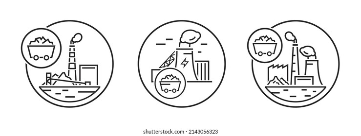 Coal power station icon. Energy source. Ecology, nature pollution, old technology concept. Editable vector illustration in modern flat style isolated on a white background. Powerstations collection