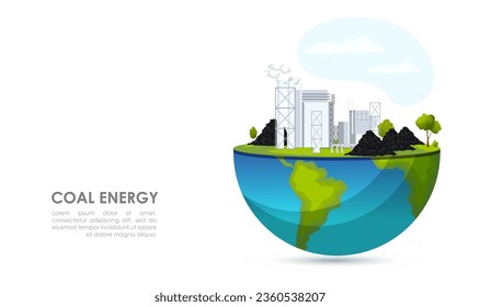 Coal power station on half of globe, energy production, ecological pollution, industrial factory, ecological fuel, electric building with chimney, manufacturing technology. Vector illustration