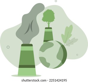 Coal power station producing CO2 emission pollution and sustainable clean factory with renewable energy. Climate change concept.flat vector illustration.