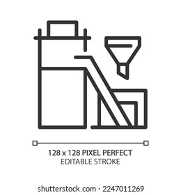 Coal preparation plant pixel perfect linear icon. Preparing materials for market. Ore and rocks processing factory. Thin line illustration. Contour symbol. Vector outline drawing. Editable stroke