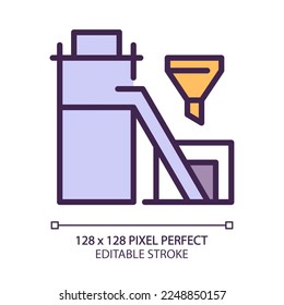 Coal preparation plant pixel perfect RGB color icon. Preparing materials for market. Ore and rocks processing factory. Isolated vector illustration. Simple filled line drawing. Editable stroke