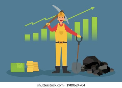 Coal price vector concept. Coal miner with coal, money, and growing financial graph