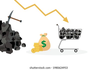 Coal price vector concept. Coal with money, trolley, and declining financial graph
