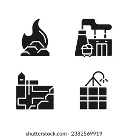 Coal processing black glyph icons set on white space. Fossil fuel power plant. Coal combustion. Energy generation. Silhouette symbols. Solid pictogram pack. Vector isolated illustration