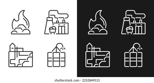 Coal processing pixel perfect linear icons set for dark, light mode. Fossil fuel power plant. Coal combustion. Thin line symbols for night, day theme. Isolated illustrations. Editable stroke