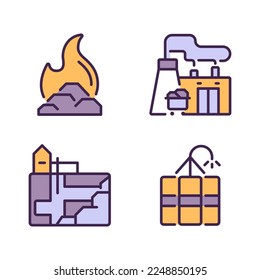 Coal processing pixel perfect RGB color icons set. Fossil fuel power plant. Coal combustion. Energy generation. Isolated vector illustrations. Simple filled line drawings collection. Editable stroke