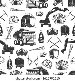 Coal production, mining industry and miner equipment tools seamless pattern. Vector background of machinery excavation bulldozer, miner pickaxe, coal mine dynamite and hammer drill pattern