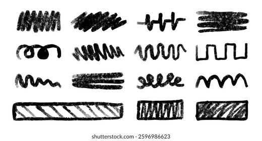 Coal s scribbles, drawn with black charcoal, crayon texture, freehand graphic for decoration. Stickers, design elements, hand drawing. Vector illustration.