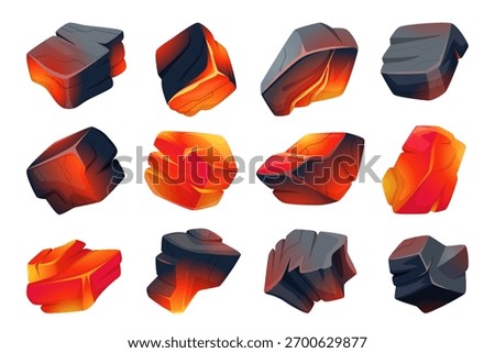 Coal set. Pieces of burning black coal exact vector coal collection for fireplace