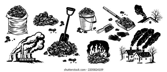 
Coal set. Various objects related to the extraction and exploitation of coal. Hand draw vector clipart. Black and white isolated sketches. svg