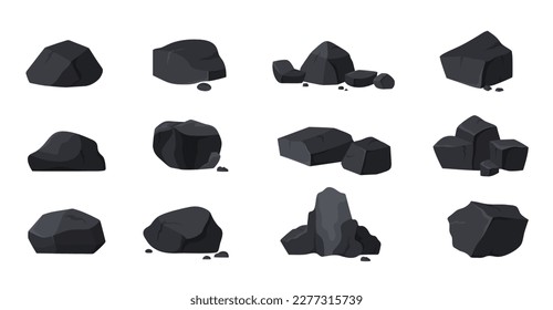 Coal set vector illustration. Cartoon isolated single stones, pieces of angular structure and texture, pile of charcoal rocks for energy and fuel production, bunch of natural coal fossil from mine