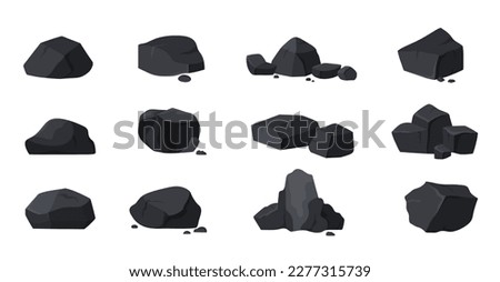 Coal set vector illustration. Cartoon isolated single stones, pieces of angular structure and texture, pile of charcoal rocks for energy and fuel production, bunch of natural coal fossil from mine