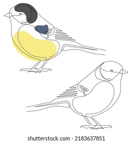 Coal tit. One-line drawing, with and without colored areas.