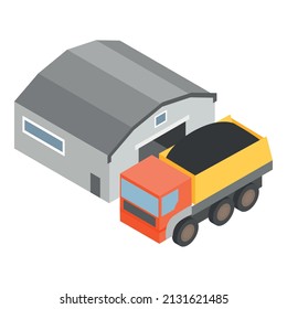 Coal transportation icon isometric vector. Dump truck with coal near hangar icon. Fuel industry, transportation, delivery, storage