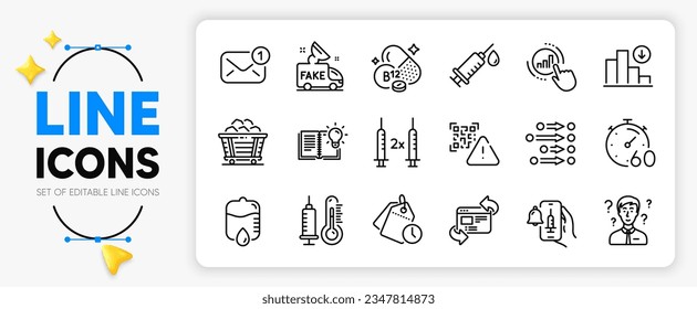 El carro del carbón, el gráfico de disminución y los iconos de línea de código Qr establecidos para la aplicación incluyen Nuevo mensaje, Timer, Cobalamin contorno de vitamina delgado icono. Noticias falsas, vacuna Coronavirus. Estrellas amarillas 3d con cursor. Vector