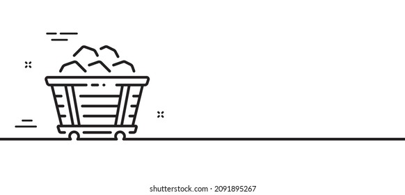 Coal trolley line icon. Mine wagon sign. Stone or Rock cart symbol. Minimal line illustration background. Coal trolley line icon pattern banner. White web template concept. Vector svg