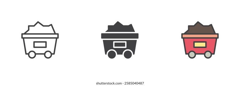 Coal trolley, minecart different style icon set. Line, glyph and filled outline colorful version, outline and filled vector sign. Symbol, logo illustration. Vector graphics