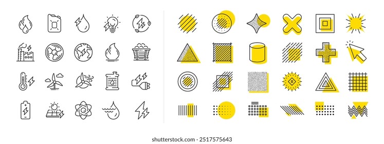 Coal Trolley, Solar Panels, Hydroelectric Power icons. Design shape elements. Energy types line icons. Sustainable Electricity, Battery Energy, Fuel canister. Vector