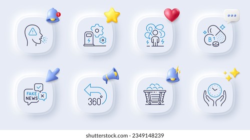 Coal trolley, Thiamine vitamin and Charging station line icons. Buttons with 3d bell, chat speech, cursor. Pack of Safe time, 360 degrees, Fake news icon. Cough, Difficult stress pictogram. Vector