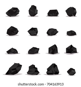 Coal vector cartoon set of flat icons isolated on white background. Illustration of black rock stones, graphite and charcoal.