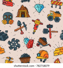 Coal vector mining engineering industry work business construction factory line mine icons illustration with moning icons like truck, coal, miner tools seamless pattern background