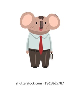 Coala Bear Businessman Office Worker, Cute Humanized Animal Cartoon Character Wearing Formal Clothes Standing with Briefcase Vector Illustration