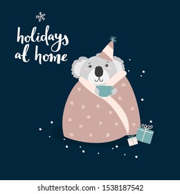 Coala bear celebrating Christmas at home. Cute vector cartoon character.