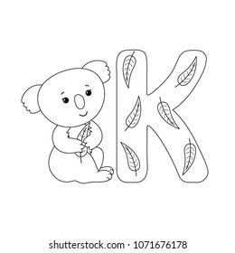 Coala bear with eucalyptus leaf for letter K in kids alphabet. Outline cartoon character and letter for children`s typeface, cute smiling animal, for baby developing card, kids ABC, coloring book.