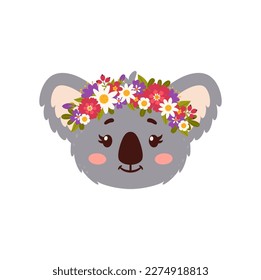 Coala lindo animal con corona de flores, caricatura de oso gracioso, personaje feliz. Coala sonriente vectorial graciosa, cabeza animal con guirnalda floral