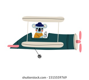 Coala Pilot Flying on Retro Plane in the Sky, Cute Animal Character Piloting Airplane Vector Illustration