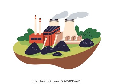 Coal-fired plant for electricity generation. Electric industry factory, generating energy, power from fossils. Industrial building with smoke. Flat vector illustration isolated on white background