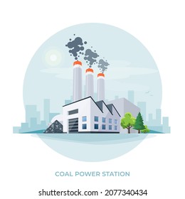 Coal-fired power plant station. Thermal factory that burns coal to generate electricity and produce emissions. Dirty fossil fuel combustion facility. Isolated vector illustration on white background. - Shutterstock ID 2077340434