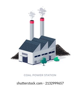 Coal-fired power plant station. Thermal factory that burns coal to generate electricity and produce emissions. Dirty fossil fuel combustion facility. Isolated vector illustration on white background.