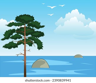 Küsten-großer See und Kiefern an der Küste