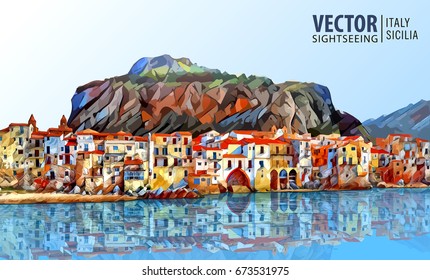 Coast Of Cefalu, Palermo - Sicily.  Architecture And Landmark. Landscape. Ancient Cityscape. Vector Illustration.