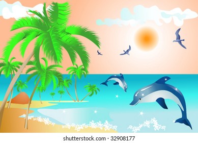 coast with a dolphin, palms and seagull