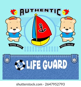 coast guard bear with sailing ship, Nature Animal Cartoon, isolated Flat Vector Illustration