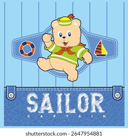 coast guard bear with sailing ship, Nature Animal Cartoon, isolated Flat Vector Illustration