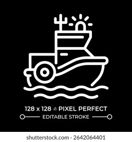 Coast guard boat pixel perfect white line icon in negative space. Maritime security. Law enforcement and rescue service on water. Monochrome linear symbol on black background. Editable stroke