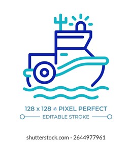 Coast guard boat pixel perfect two color line icon. Maritime security vessel. Law enforcement and rescue bicolor outline symbol. Duotone linear pictogram. Isolated illustration. Editable stroke