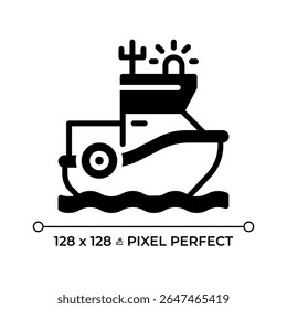 Coast guard boat pixel perfect glyph solid icon. Maritime security vessel. Law enforcement and rescue service on water. Black silhouette symbol on negative space. Vector isolated illustration