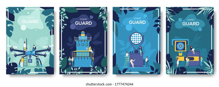 coast guard day cards set. Guarding the order of flyear, magazines, posters, book cover, banners. Grain texture and noise effect. People character with items around coast guard equipment.