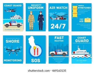 coast guard day cards set. Guarding the order of flyear, magazines, posters, book cover, banners. Devices infographic concept background. Layout illustrations template pages with typography text